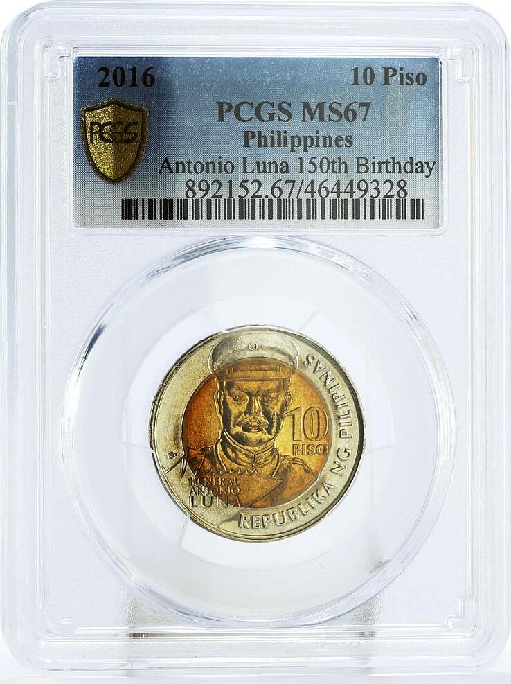 Philippines 10 Piso Birthday Of General Antonio Luna MS67 PCGS Bimetal ...