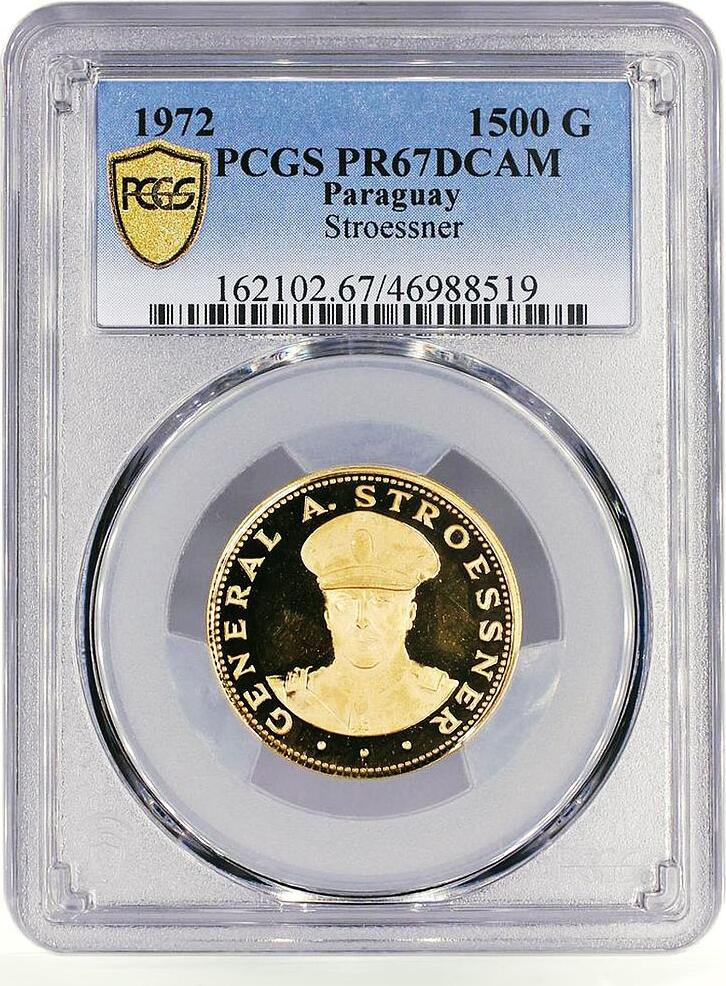 Paraguay 1500 guaranies General Alfredo Stroessner PR67 PCGS gold coin