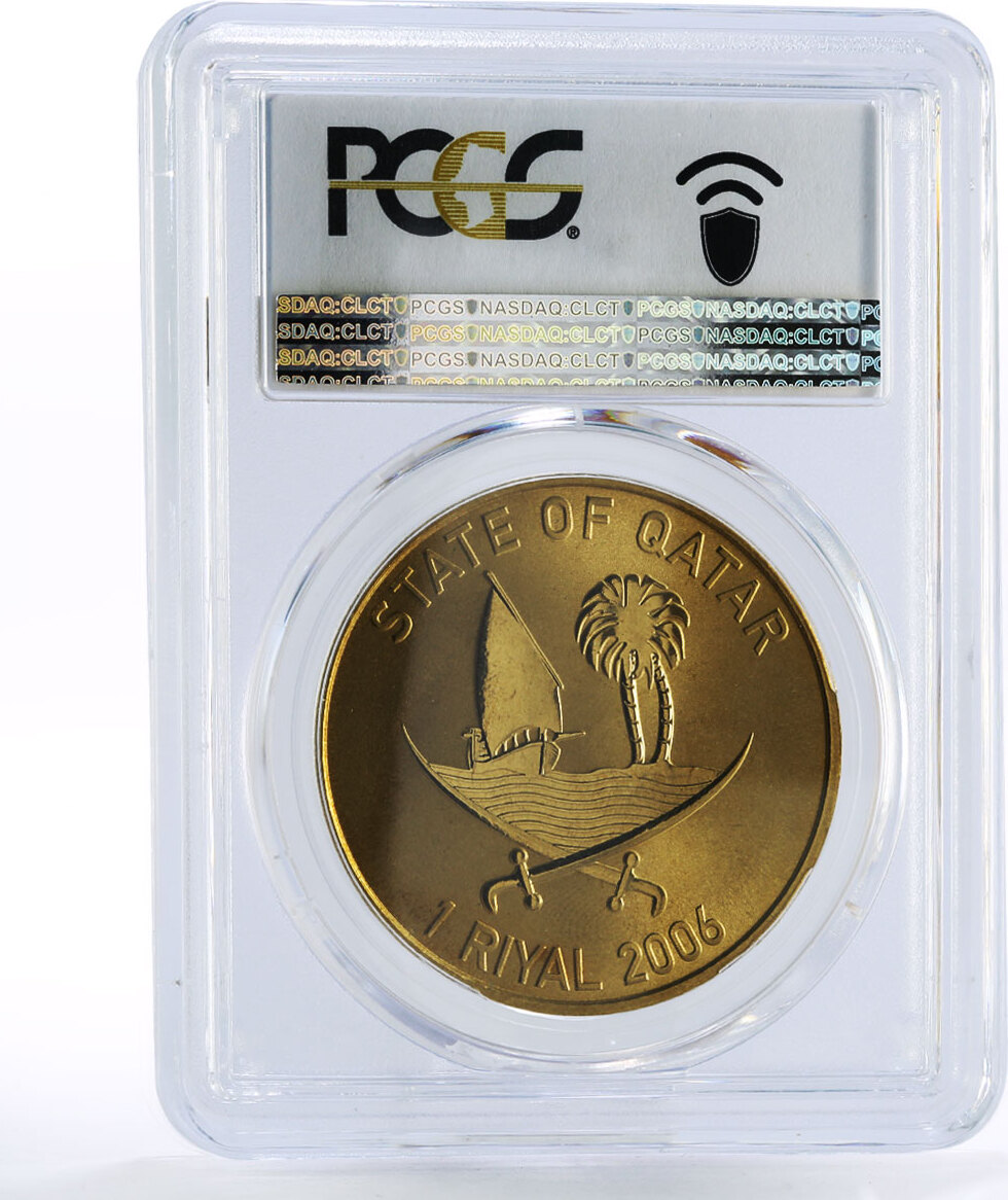 Qatar 1 riyal Asian Games Orry with Flag MS68 PCGS aluminium-bronze coin  2006 UNC Русские монеты из драгоценных