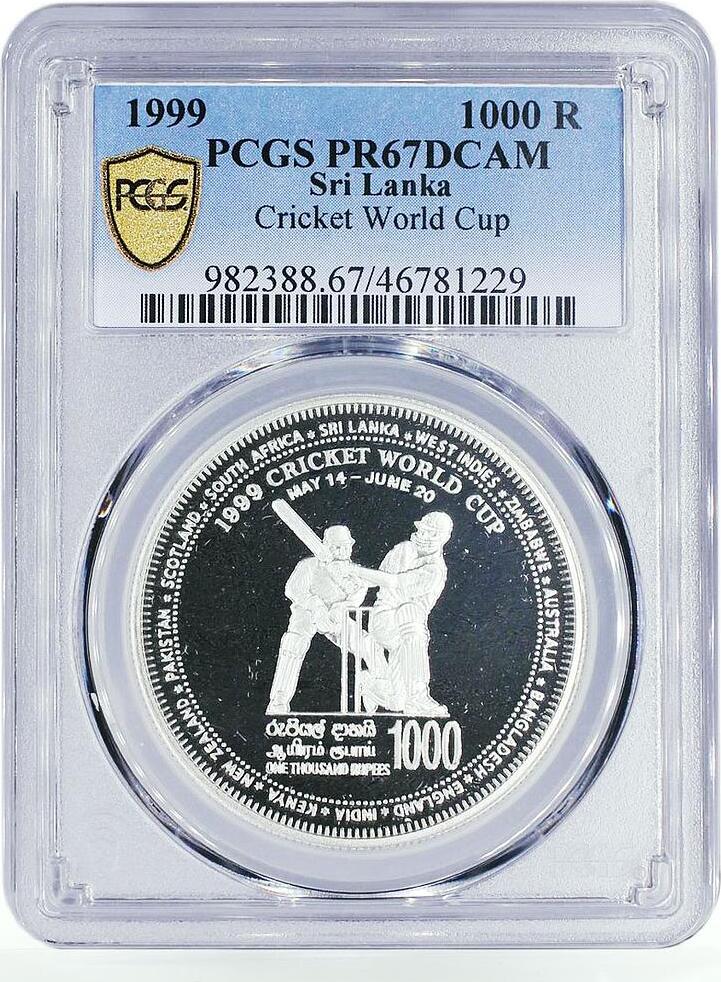 Sri Lanka 1000 rupees Cricket World Cup Two Players PR67 PCGS silver coin 1999 Proof