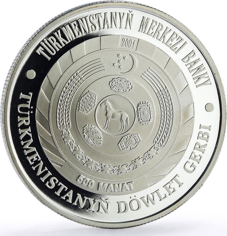 Turkmenistan 500 Manat 61th Birth Of President Nyyazow State Emblem Ag Coin 2001 Proof Ma Shops