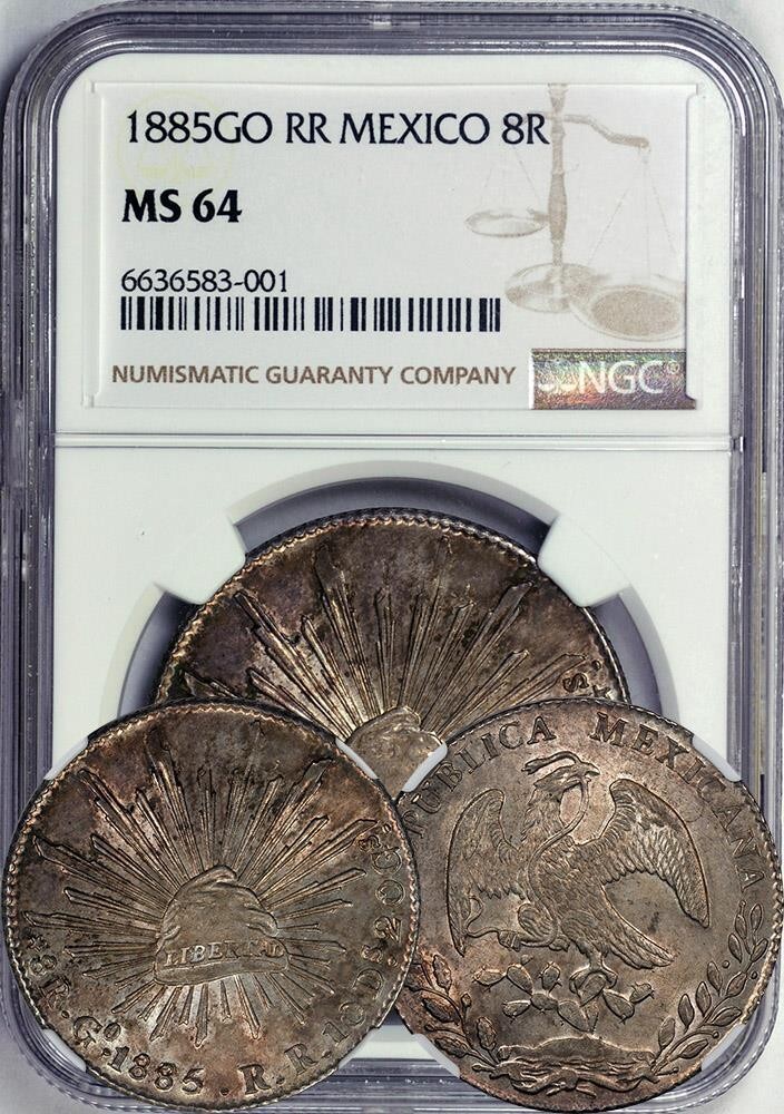 World Coins 8 Reales Mexico 1885 GO-RR graded by NGC as MS-64