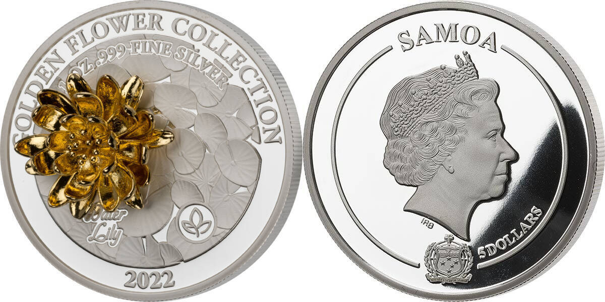 Samoa 2022 5$ Golden Flower Collection Water Lily 1 oz Silver