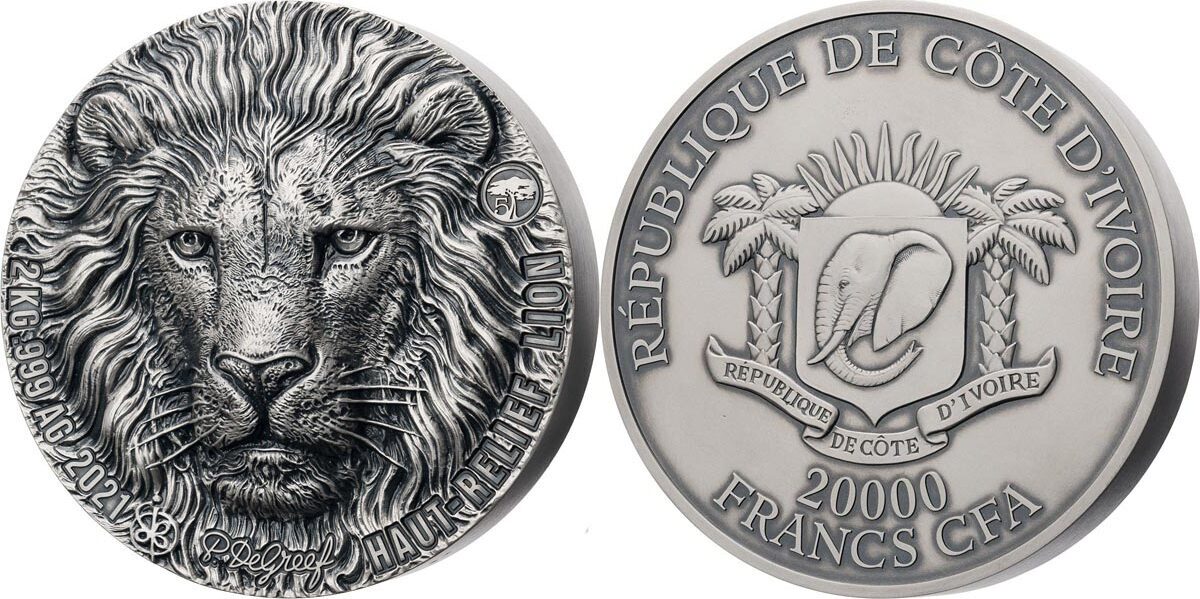 Ivory Coast 2021 20000 Francs Big Five Mauquoy Lion 2 Kg Kilo Silver ...