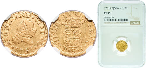 1751 S PJ Seville Mint Spain Kingdom 1751 S PJ ½ Escudo - Fernando VI (Seville) Gold (.917) Seville 