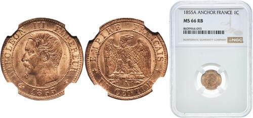 1855 A Paris Mint France empire 1855 A 1 Centime (Napoleon III, nude head) The only finest graded ex