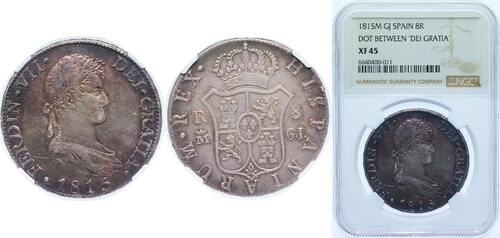 1815 M CJ Madrid Mint Spain Spanish colony 1815 M CJ 8 Reales - Fernando VII (2nd portrait) Silver (