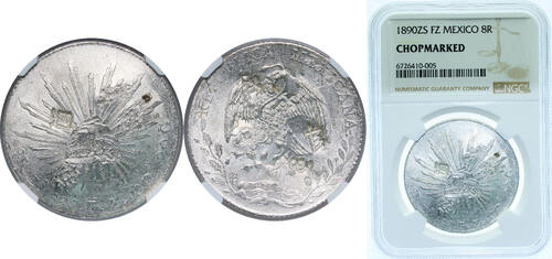 1890 Zs FZ Zacatecas Mint Mexico 1890 Zs FZ 8 Reales Silver (.903) Zacatecas Mint (3887000) 27.07g N