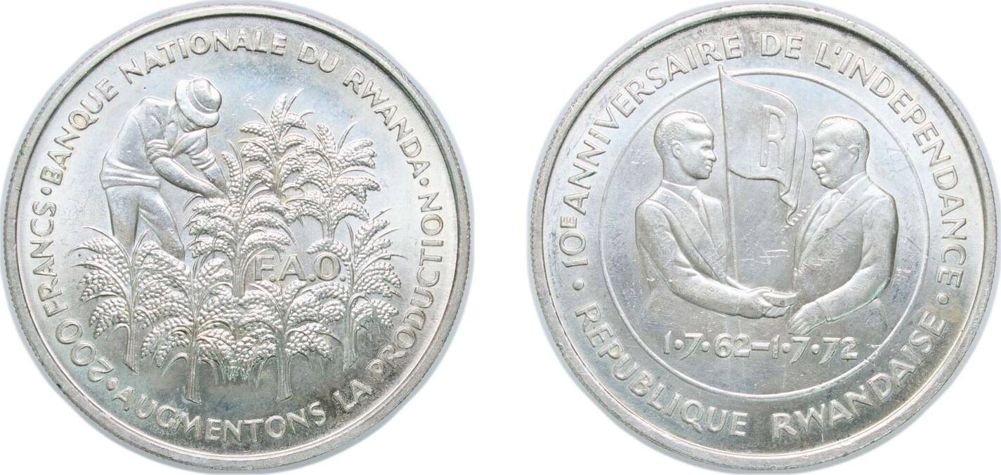 Rwanda Republic 1972 200 Francs (Independence; FAO) Silver (.800 ...