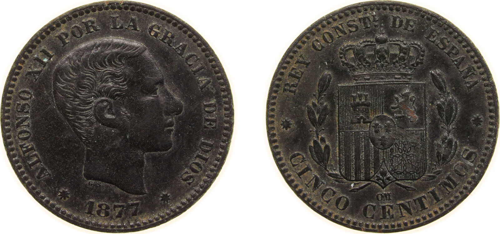 1877 OM Barcelona Mint Spain Kingdom 1877 OM 5 Centimos Alfonso XII