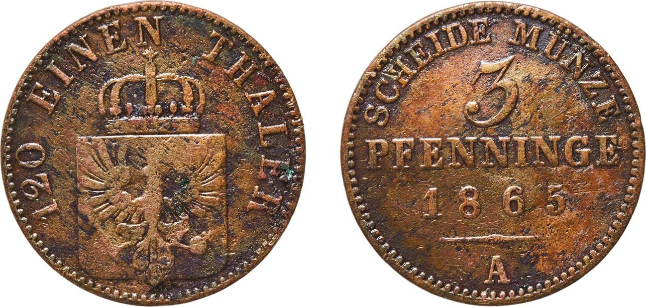 1865 A Berlin Mint Germany Kingdom of Prussia German states 1865 A 3  Pfenninge - William I Copper Berlin Mint 4.13g VF AKS 106 Old/Mue 2 424,  427, | MA-Shops, image size:1298x616