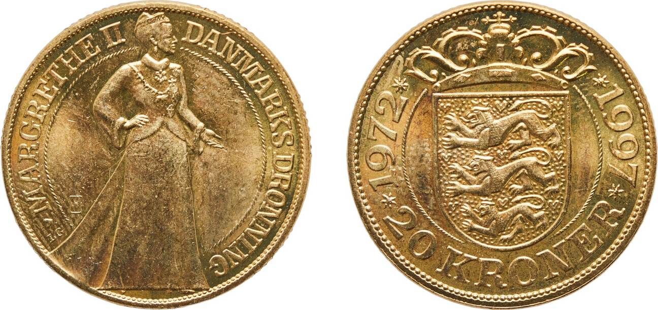 1997 LG;JP Copenhagen Mint Denmark Kingdom 1997 LG;JP 20 Kroner - Margrethe  II (Silver Jubilee) Aluminium bronze Copenhagen Mint (1000000) 9.35g UNC KM  88 | MA-Shops