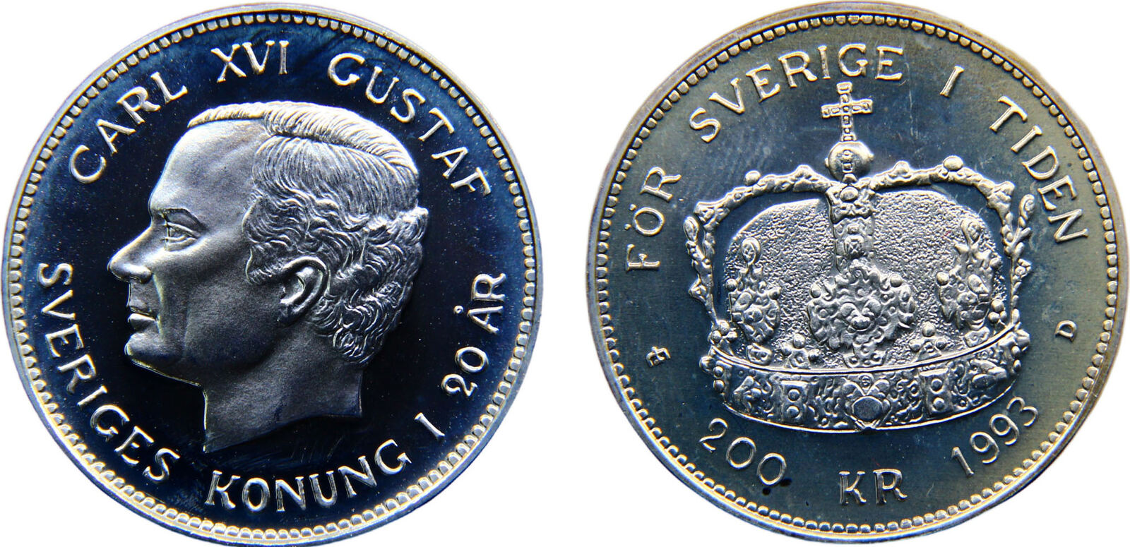 1993 E (Mintage 49000) Sweden Kingdom Carl XVI Gustaf 1993 E 200 Kronor ...