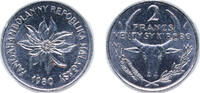 Madagascar 2 Francs Madagascar 1980 2 Francs / Venty Sy Kirobo Stainless steel (2500000) 3.4g UNC KM 9 -