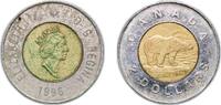 Canada 2 Dollars Canada 1996 2 Dollars - Elizabeth II (3rd portrait; Maple leaf logo) Bimetallic: aluminium bronze centre in nickel ring (outer r -