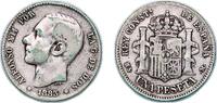Spain 1 Peseta Spain Kingdom 1883 MSM 1 Peseta - Alfonso XII (2nd portrait) Silver (.835) Madrid Mint (8445839) 4.84g VF KM 686 Cal 56 -