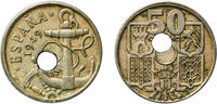 Spain 50 Centimos Spain Nationalist Government 1949 ???? 19-56 50 Centimos (Anchor; Arrows down, Mint Error Displaced Hole) Copper-nickel (75% cop -