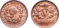 Colombia 5 Centavos Colombia Republic 1967 5 Centavos Copper clad steel (90% Steel, 10% Copper) Casa de Moneda de Colombia Mint (10280000) 3.27g UNC -