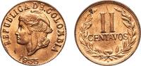 Colombia 2 Centavos Colombia Republic 1955 B 2 Centavos (Continuous legend) Brass (84% copper, 16% zinc) Bogota Mint 2.97g UNC KM 214 Schön 32.2 He -