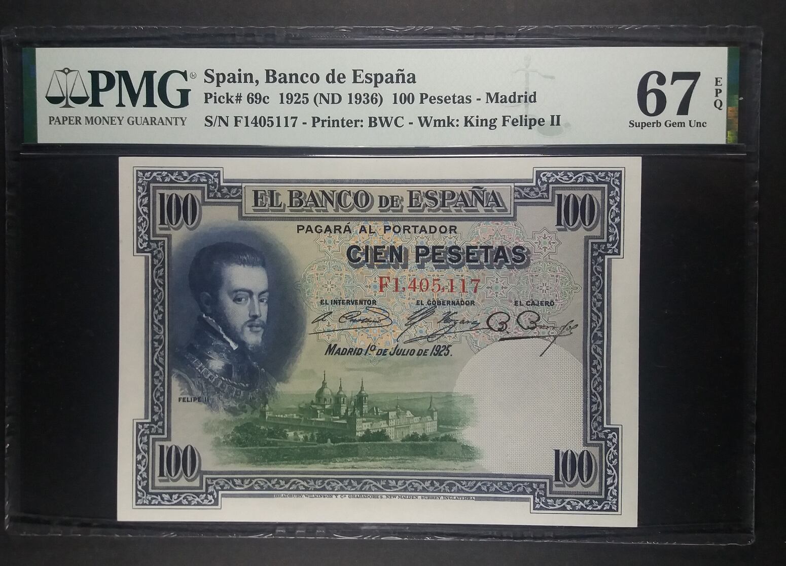 SPAIN 100 PESETAS 1925 BANCO DE ESPA PMG 67 EPQ | MA-Shops