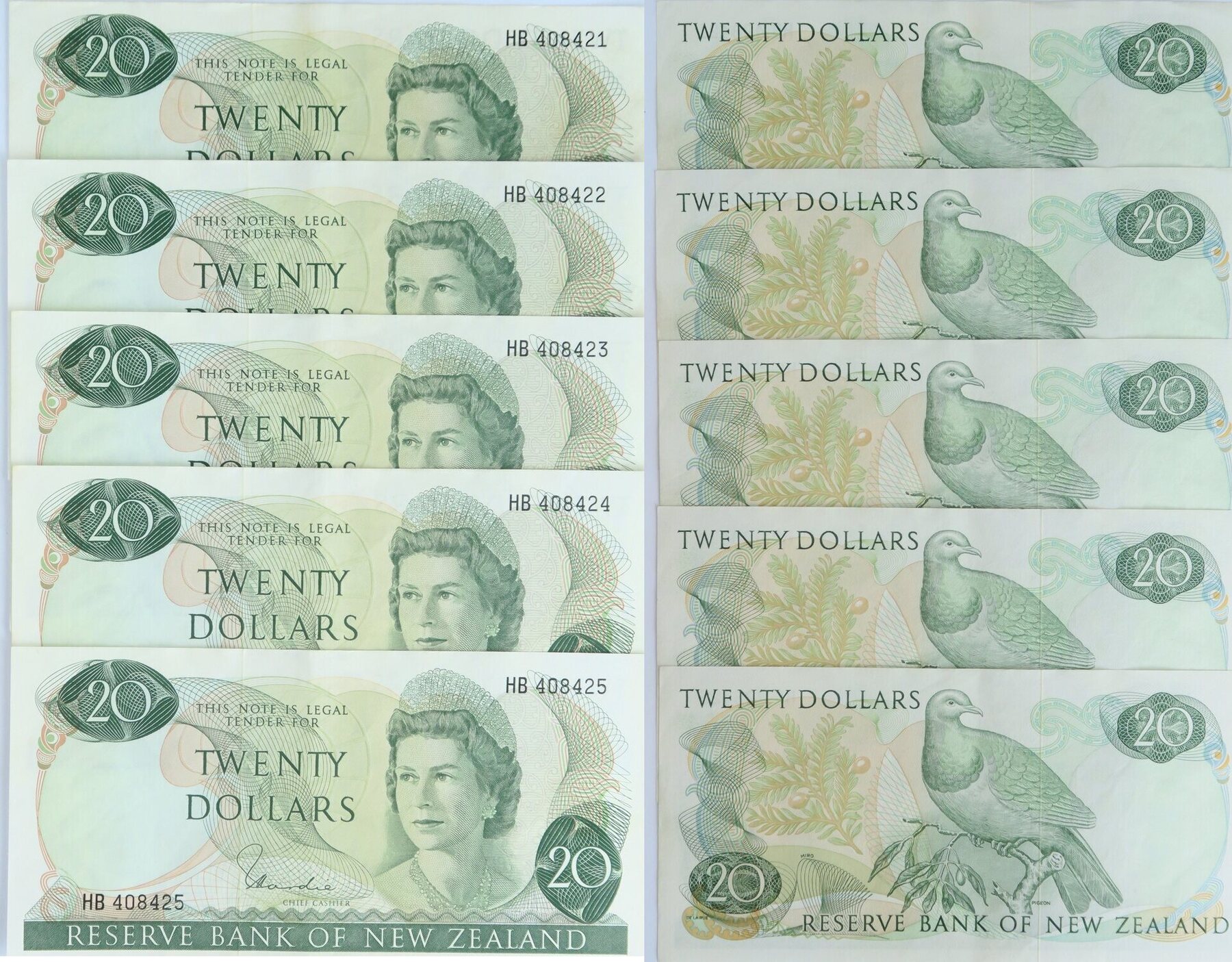 New Zealand 20 Dollars 1977 81 Consecutive Numbered Run Of 5 Notes VF new-zealand-20-dollars-1977-81-consecutive-numbered-run-of-5-notes-vf