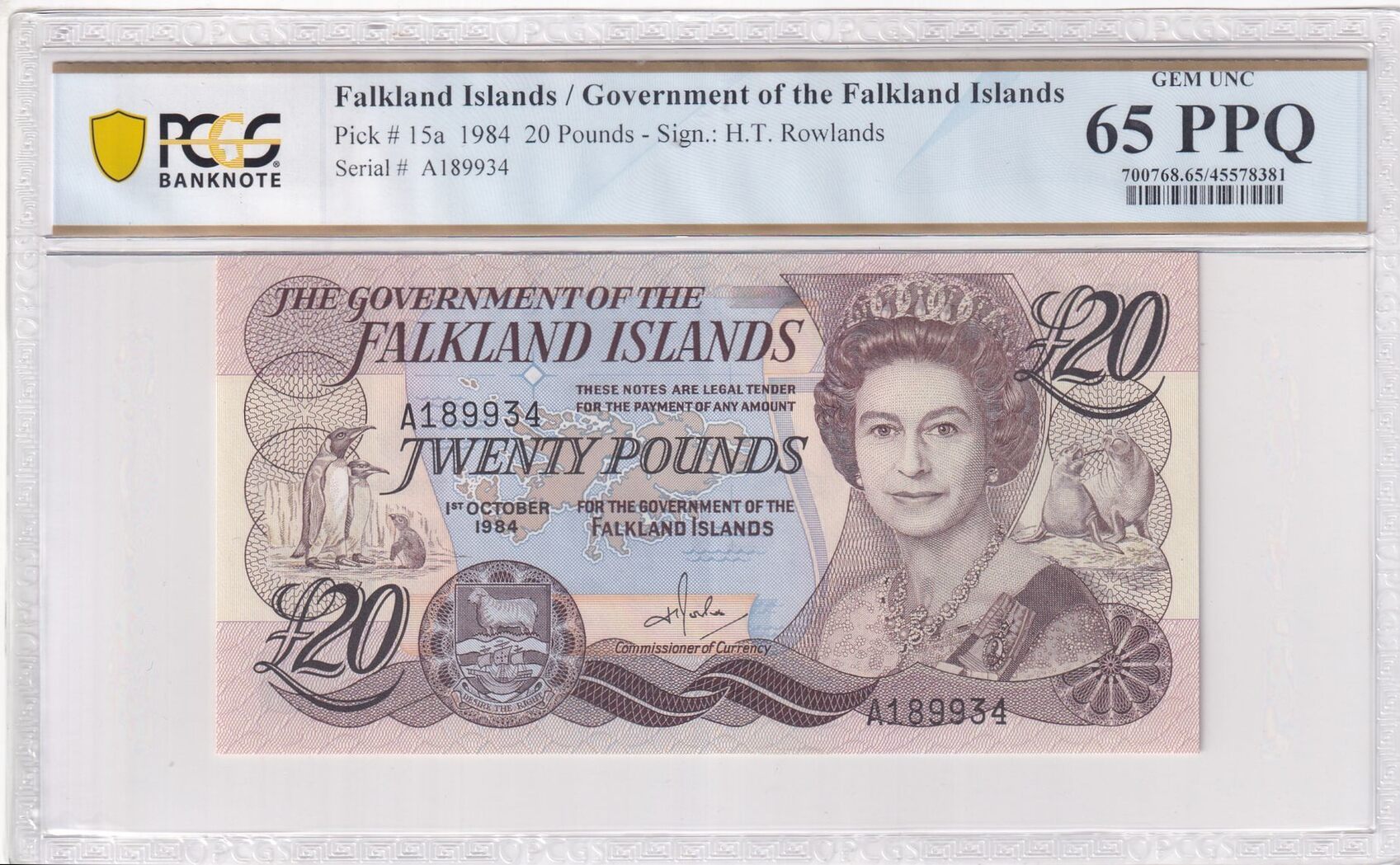 Falkland Islands 20 Pounds 1984 Twenty Pounds PCGS Gem UNC 65 PPQ MA   359196215 