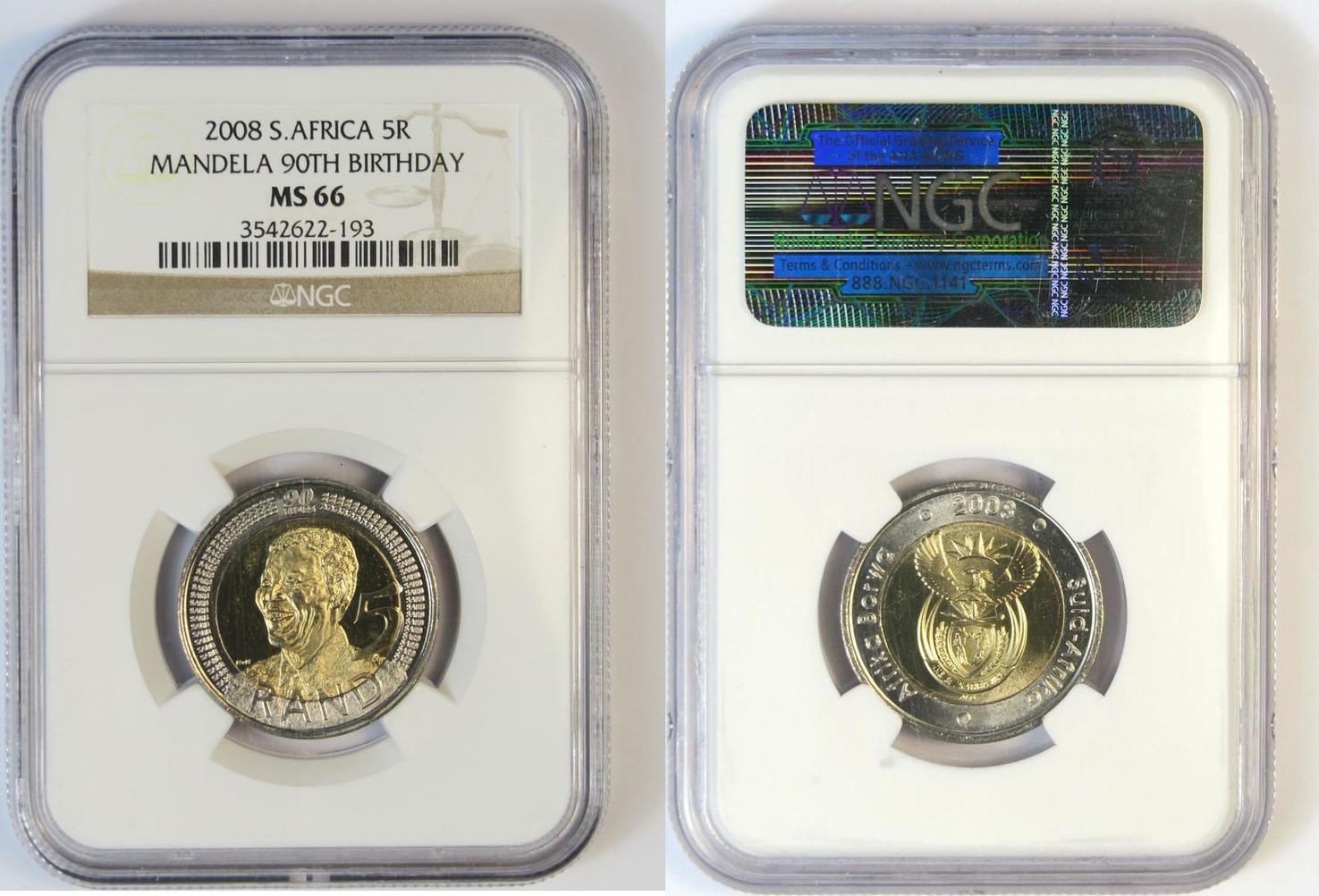 S.AFRICA 5R 2008 Nelson Mandela 90th Birthday NGC MS 66 | MA-Shops