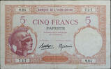 Tahiti 5 Francs Banque de I'Indochine. -