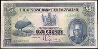 New Zealand Five Pounds Prefix 3K, Governor L. Lefeaux signature. -