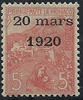 MONACO 5 F + 5 F 5 F + 5 F rose/verdâtre surchargé "20 mars 1920" : superbe et grande r