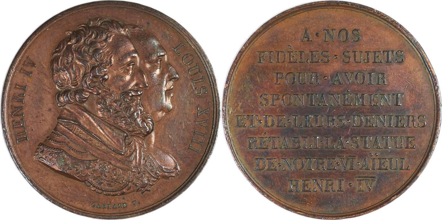 Médaille Bronze Henri IV Louis XVIII Rétablissement Statut Gayrard - 32mm 19,55g - France