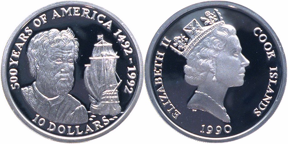 Cook Islands 10 Dollars Silber 1990 500 Jahre Entdeckung Amerikas Proof ...