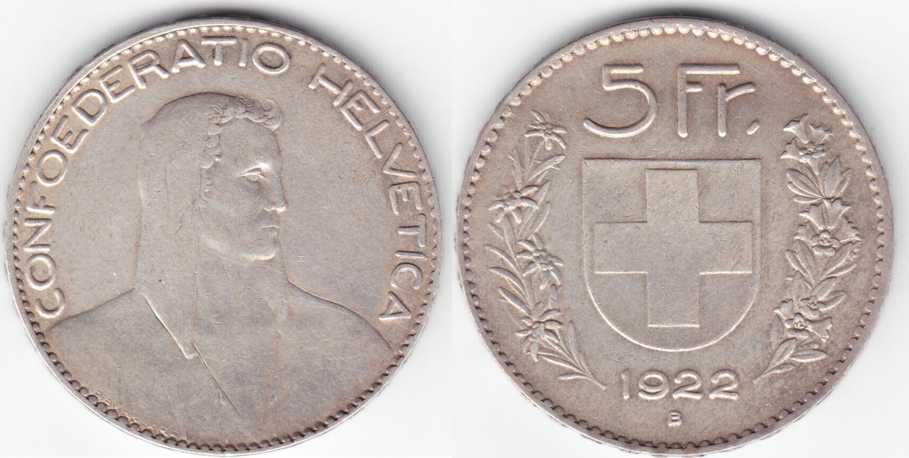 Schweiz 5 Franken Silber 1922 B VF+ | MA-Shops