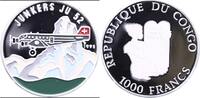 1000 Francs Silbermünze 1995 Kongo Junkers Ju 52, mit Farbapplikationen PP in Kapsel