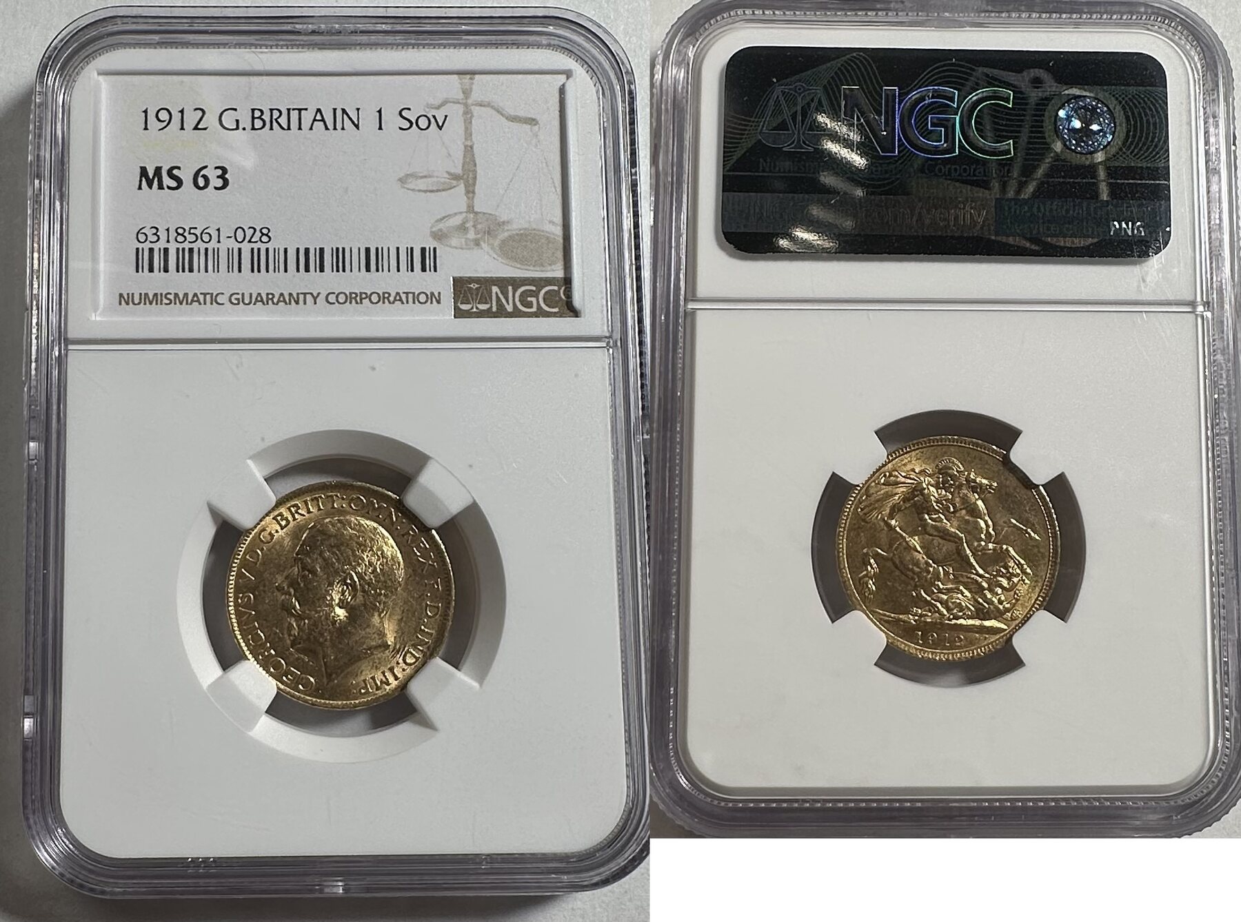G.BRITAIN 1SOV Great Britain 1 Gold Sovereign 1912 NGC MS 63 | MA