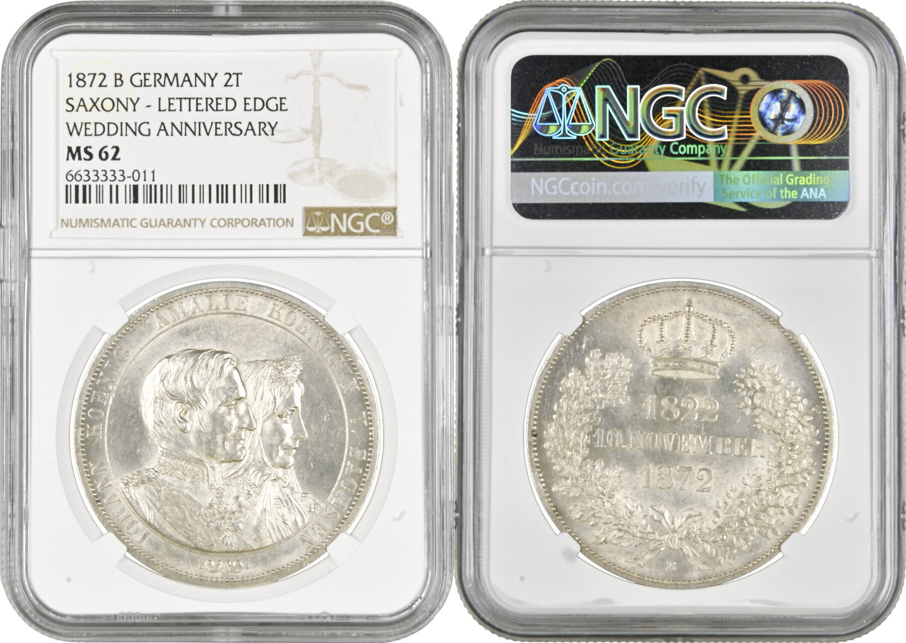 ベネゼエラ　カラカス2レア銀貨 Saxony 2 vereinsthaler 1872, NGC MS62, Anniversary of Golden