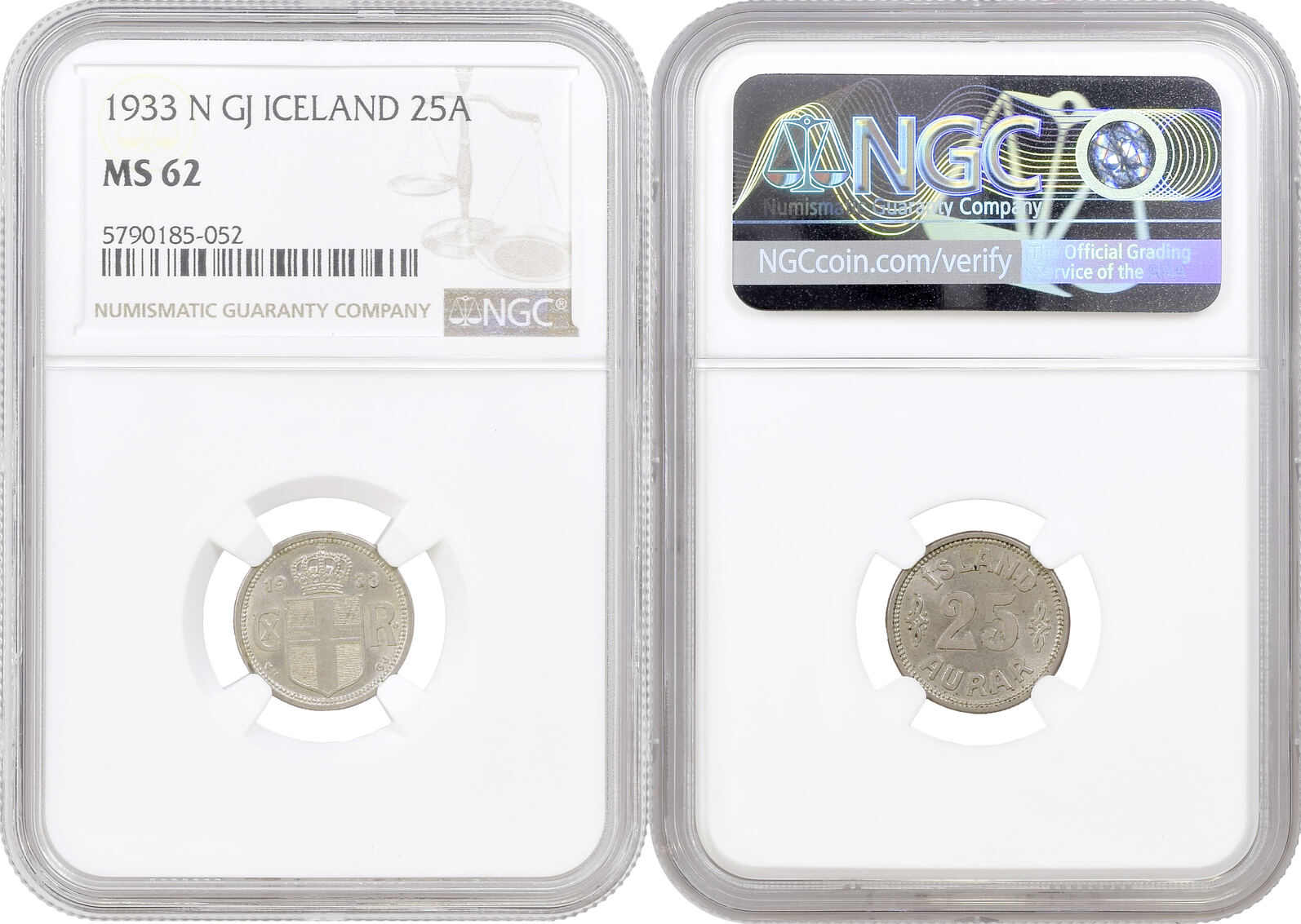 Iceland 25 aurar 1933 N, NGC MS62, King Christian X (1922 - 1943