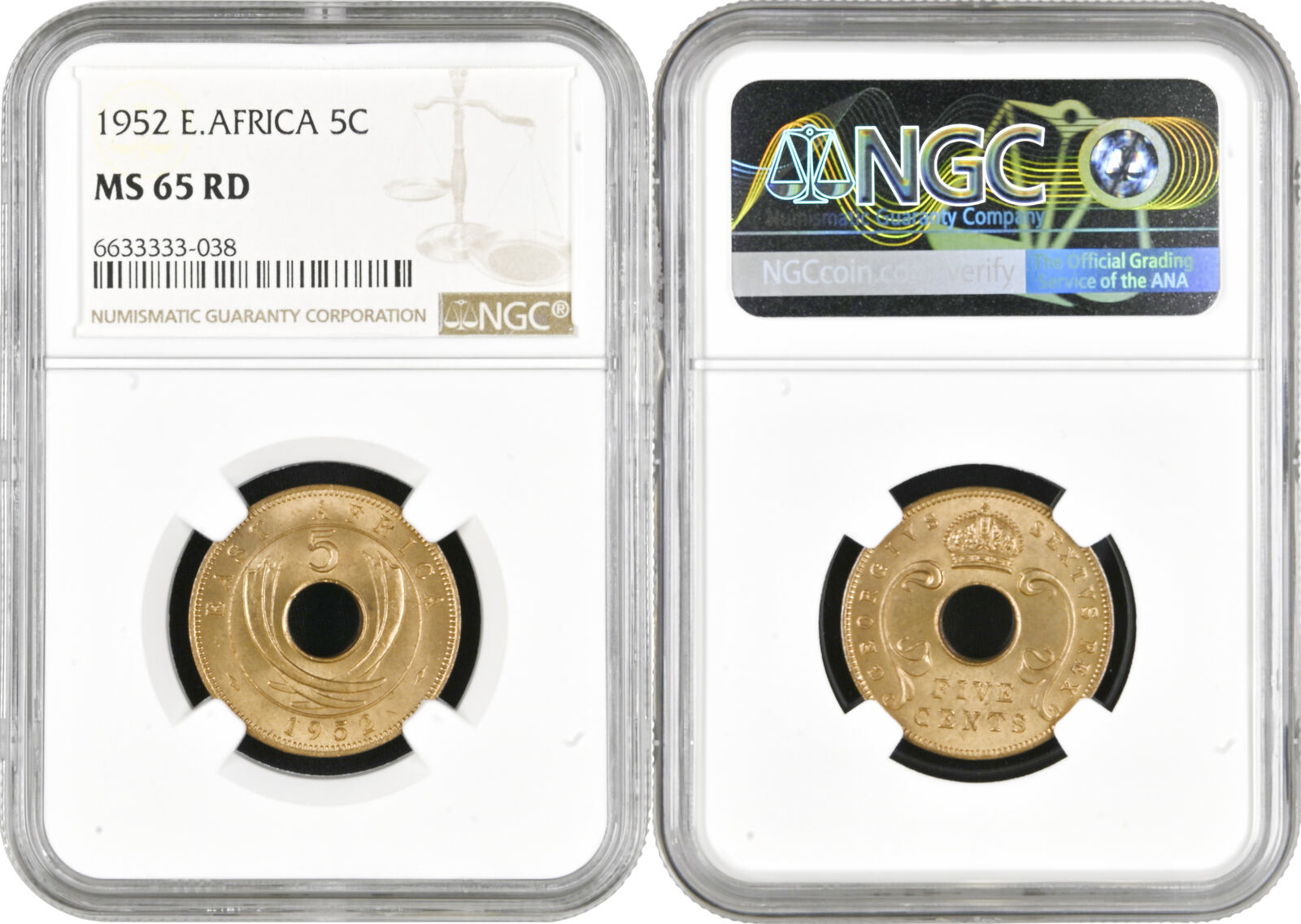 1952 British East Africa 5 cents 1952, NGC MS65 RD, King George VI ...