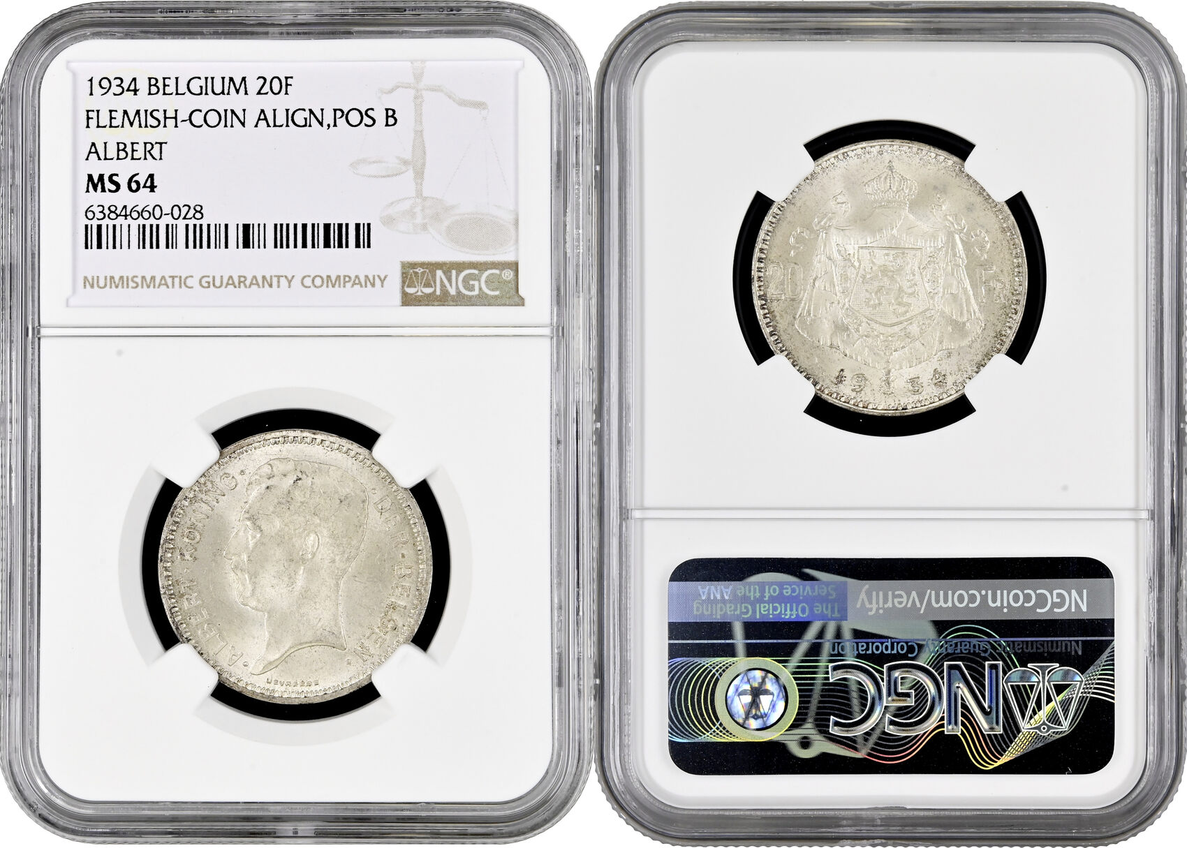 1934 Belgium 20 francs 1934 Flemish - Pos B, NGC MS64, King Albert I ...