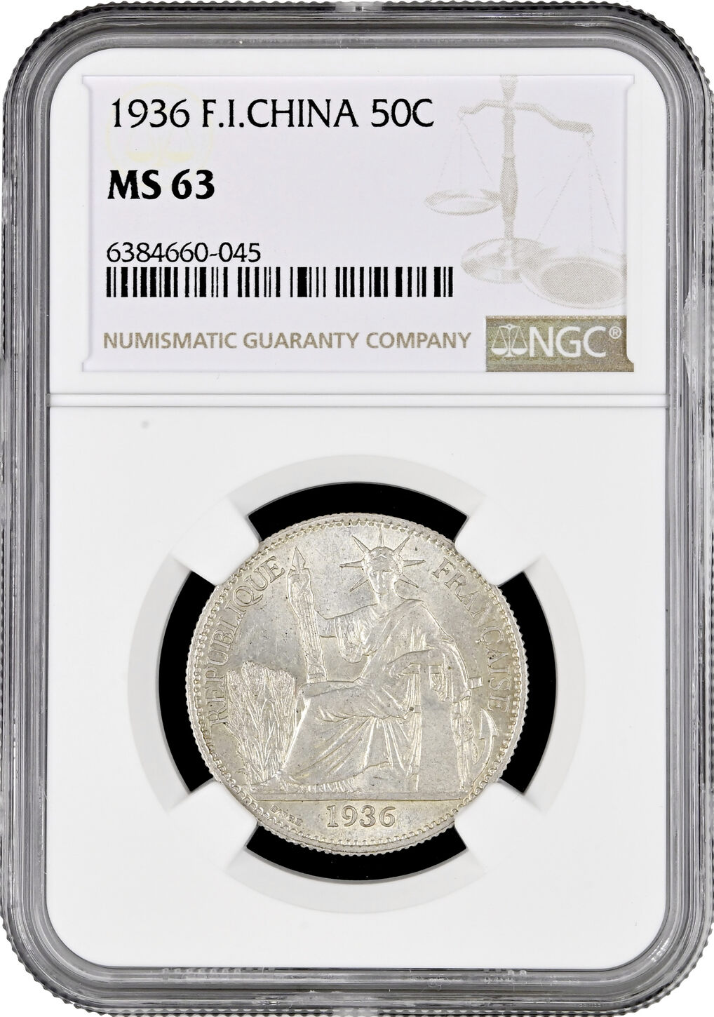 ASIA Indochina 50 cents 1936, NGC MS63, French Indochina (1885