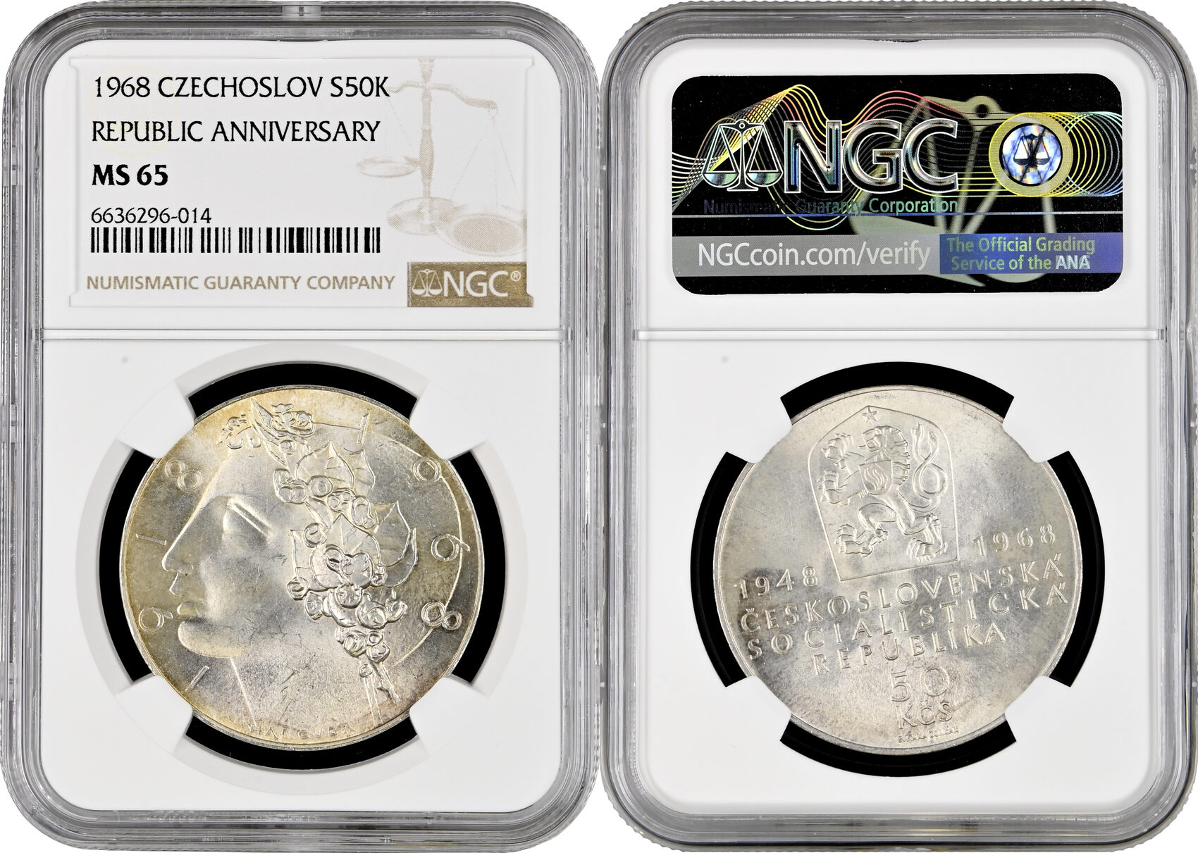 Czechoslovakia 50 korun 1968, NGC MS65, 50th Anniversary - Independence ...