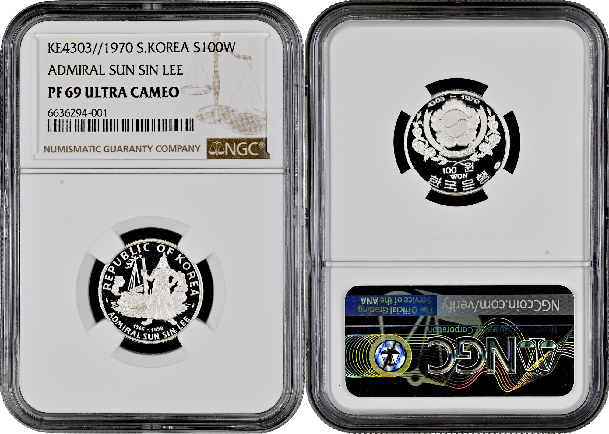 South Korea 100 won 1970, NGC PF69 UC, Admiral Sun Sin Lee