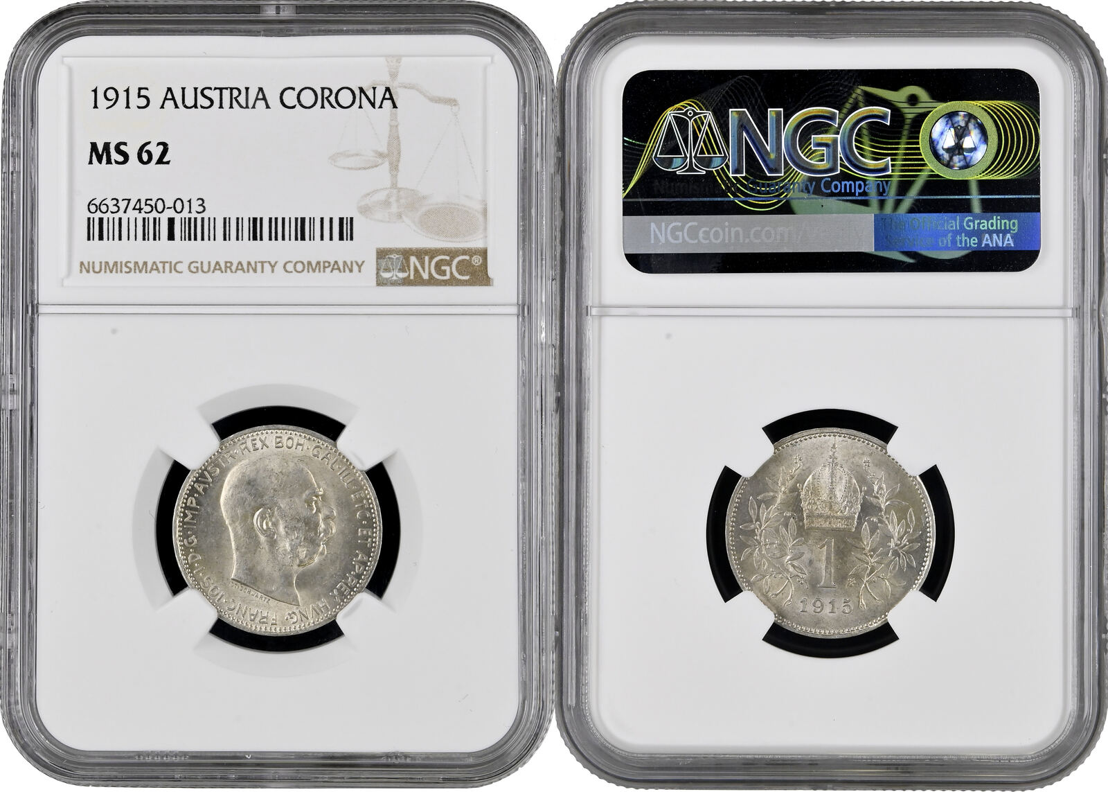 Austria 1 corona 1915, NGC MS62, Emperor Franz Joseph I (1848