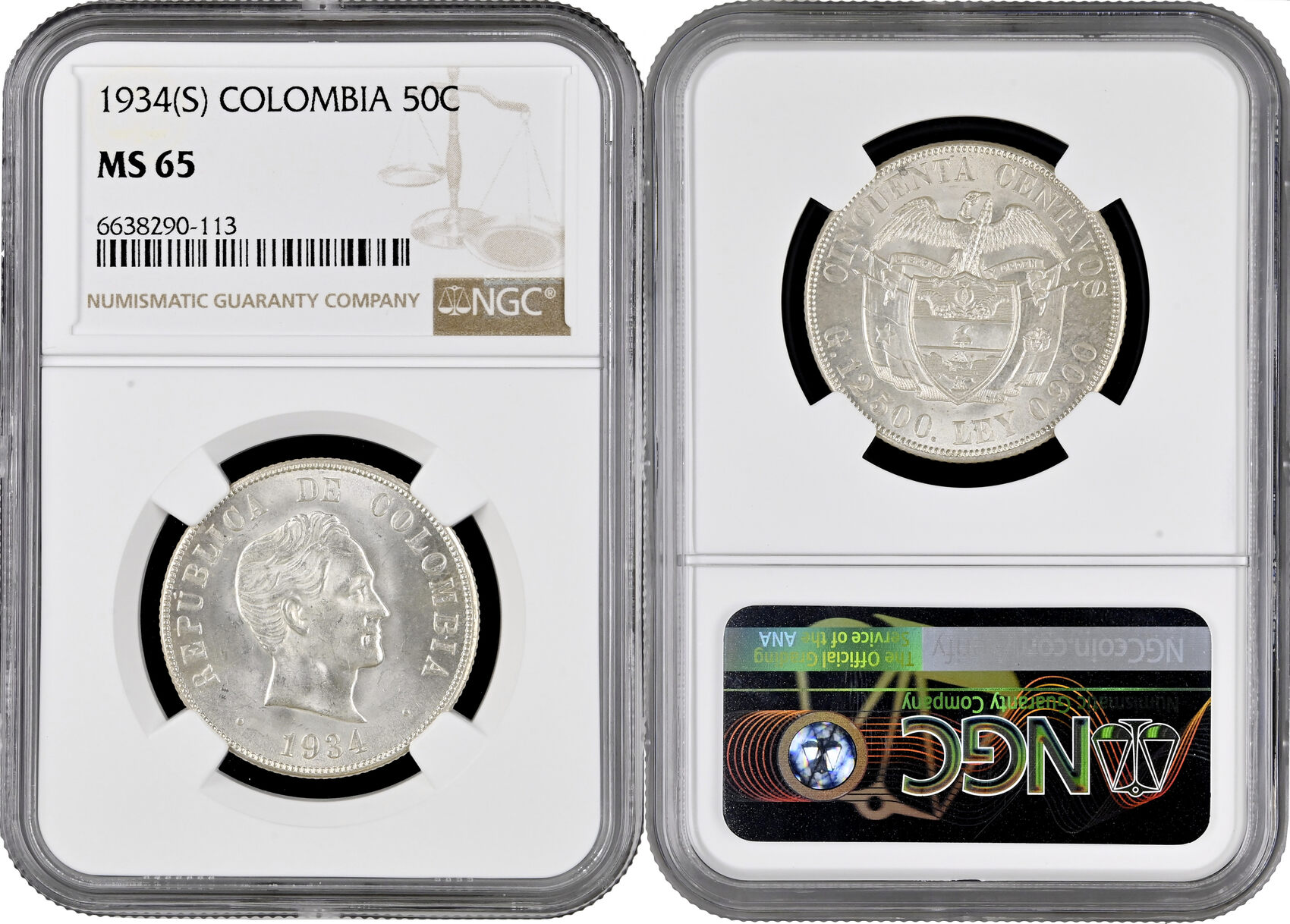 SOUTH AMERICA Colombia 50 centavos 1934 (S), NGC MS65, President