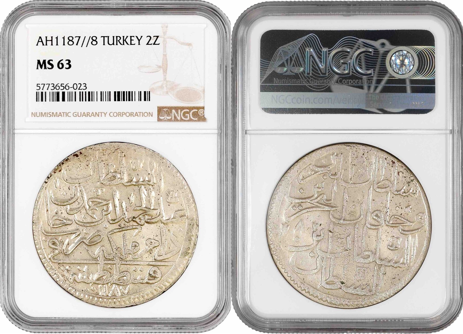 Ottoman Empire 2 zolota AH 1187//8 (1780), NGC MS63, Abdul Hamid I