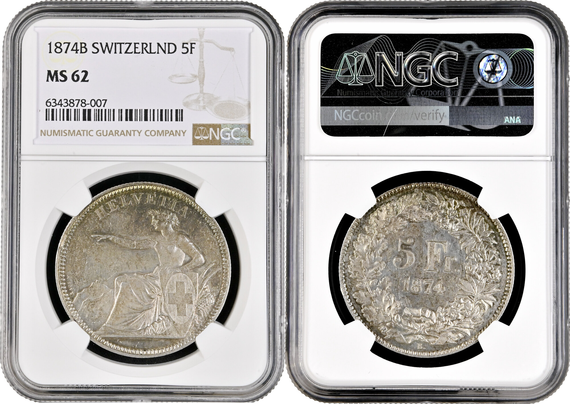 Switzerland 5 francs 1874 B. NGC MS62 Confoederatio Helvetica