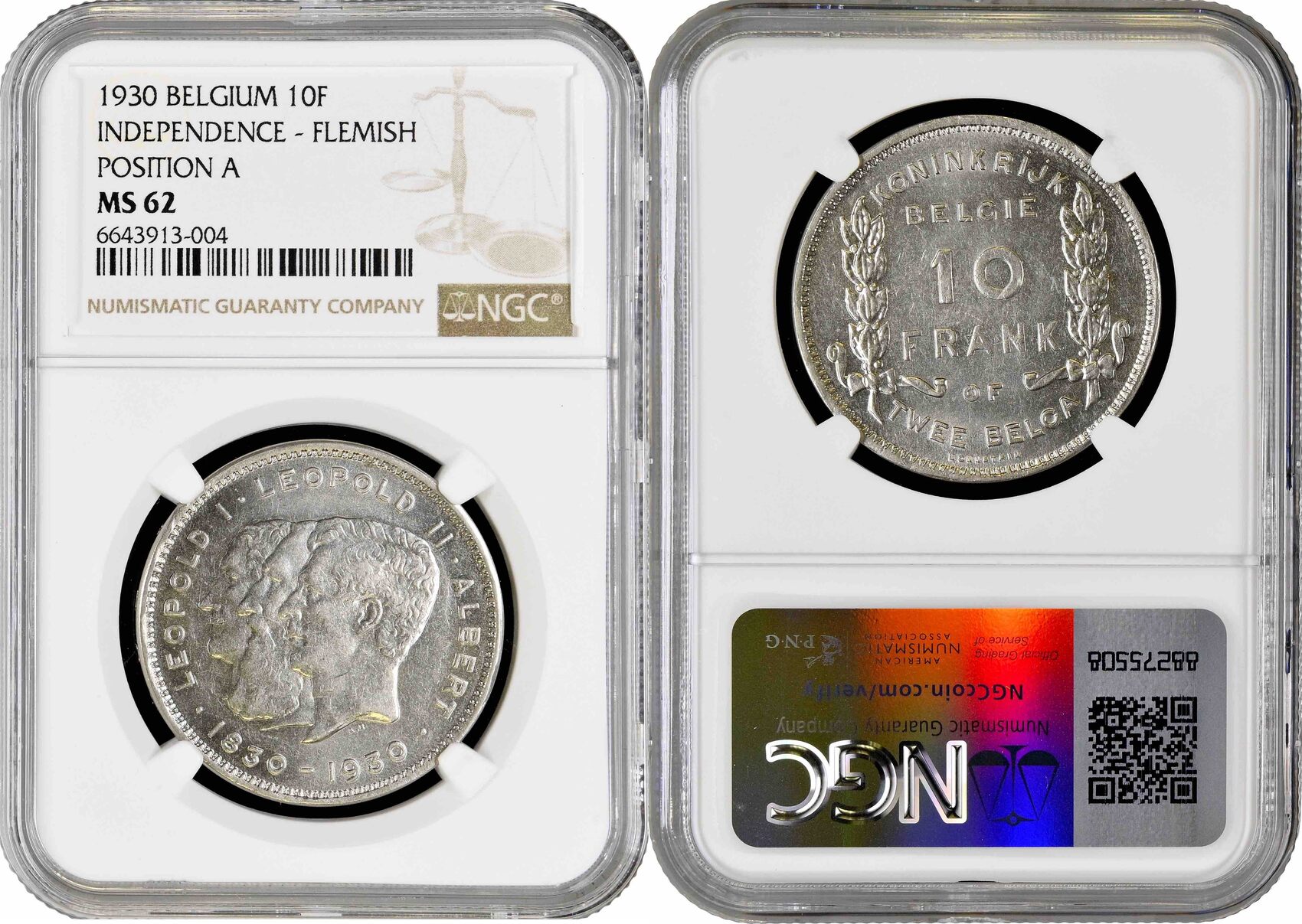 Belgium 10 francs 1930 Flemish - Pos A, NGC MS62, 