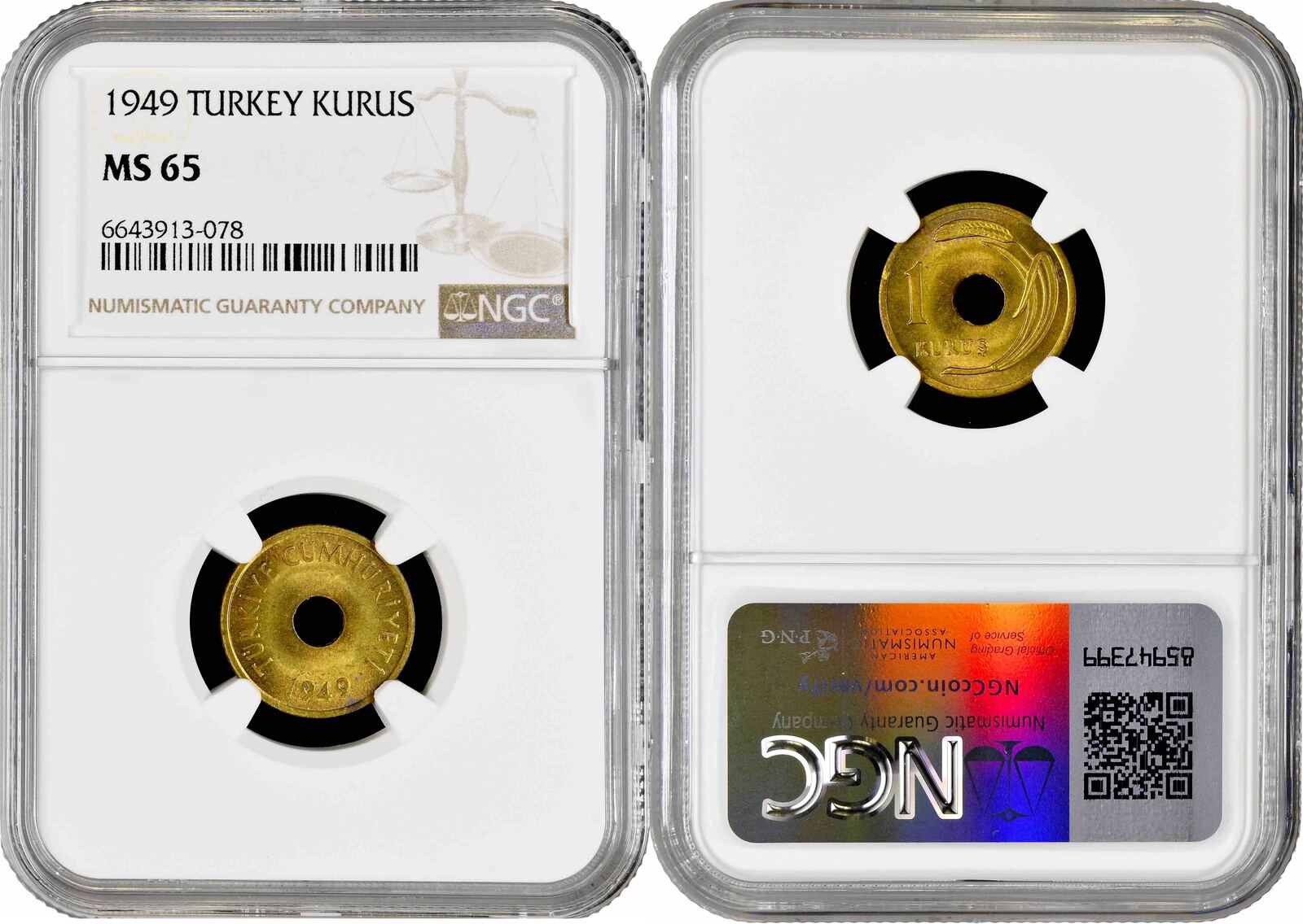 Turkey 1 kurus 1949, NGC MS65, Republic of Turkey (1934 - 1980) Turkey ...