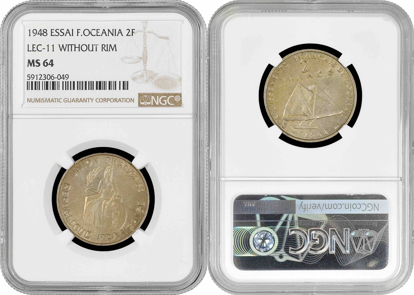 French Oceania 2 francs 1948, NGC MS64 ESSAI, LEC-12, REISED RIM French ...