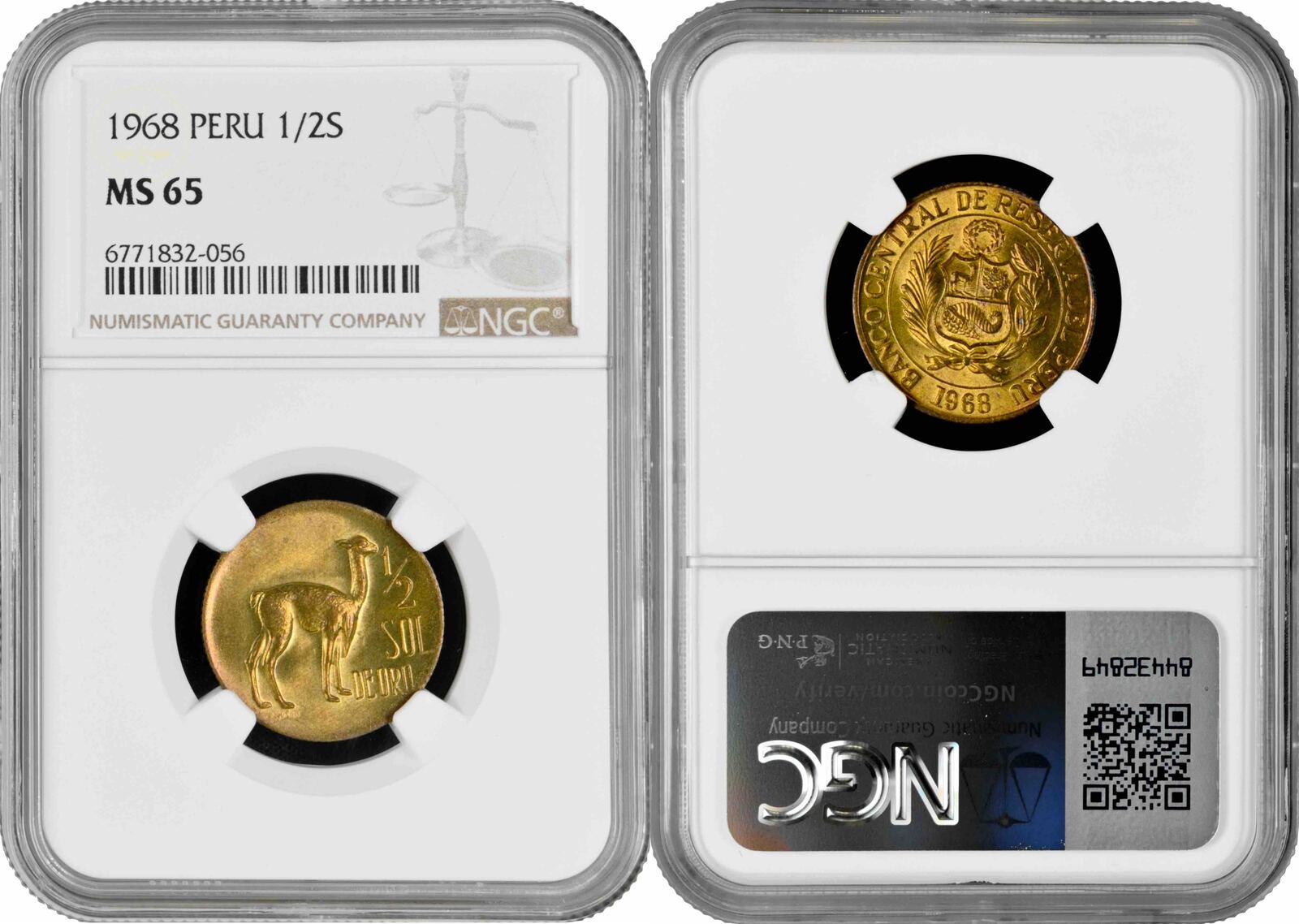 Peru 1/2 sol 1968, NGC MS65, República del Perú (1918 - 1985) Pop 2/1 ...